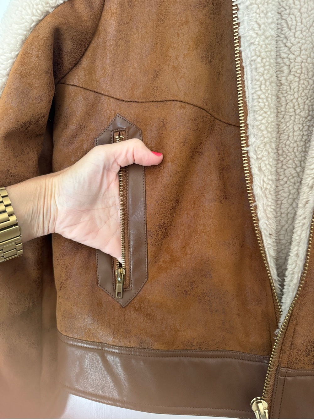 MOTHER Trapper Keeper Faux Shearling & Suede Brown & Cream Bomber Jacket Med. - Picture 6 of 10